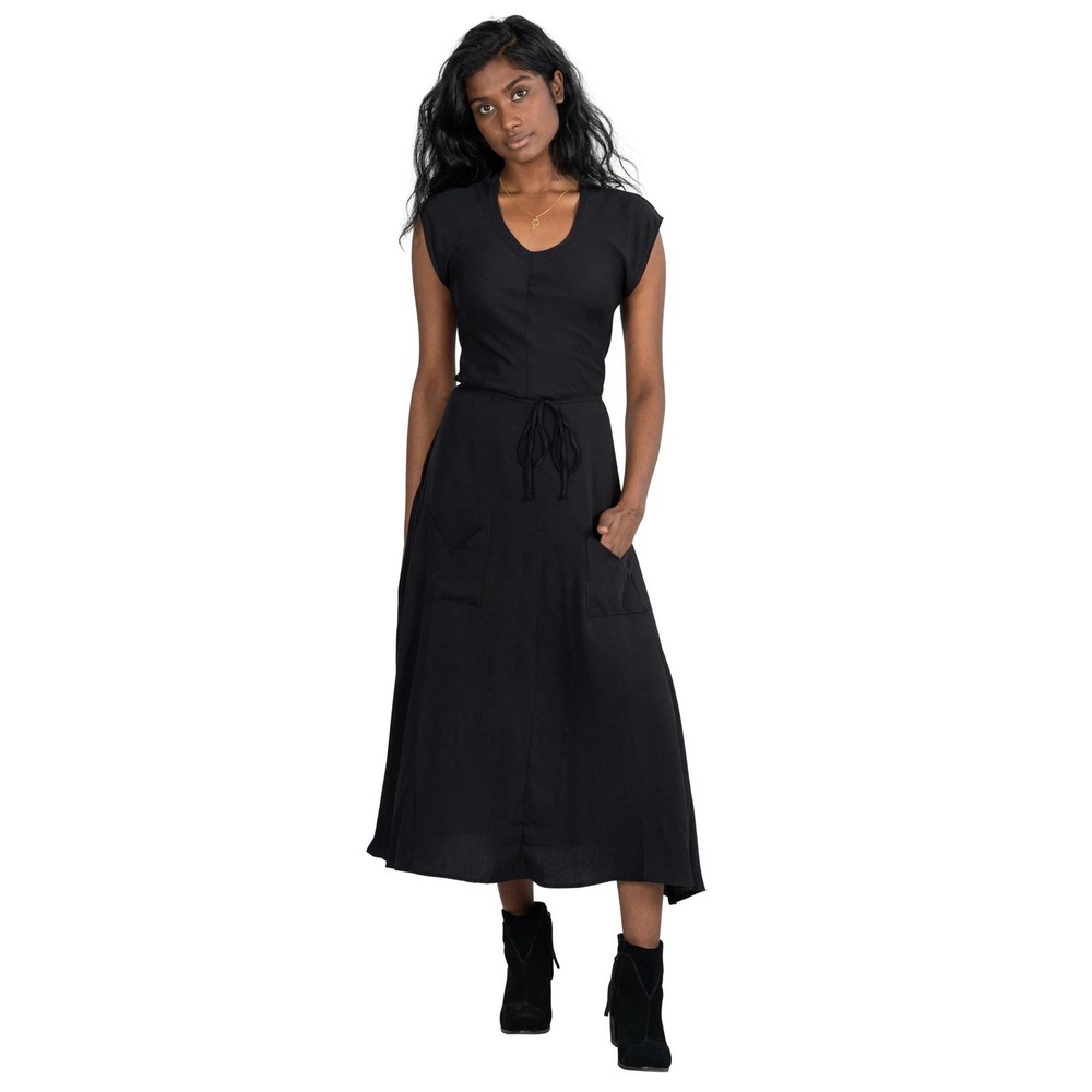 Field Day Belted Bias Maxi Dress‎ Womens XS Black V-Neck Sleeveless Pockets USA